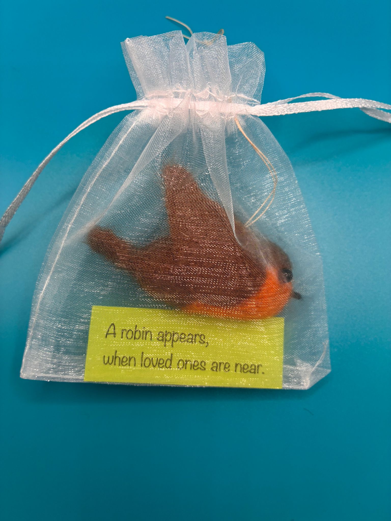 Needle felt robin in organza gift bag with message