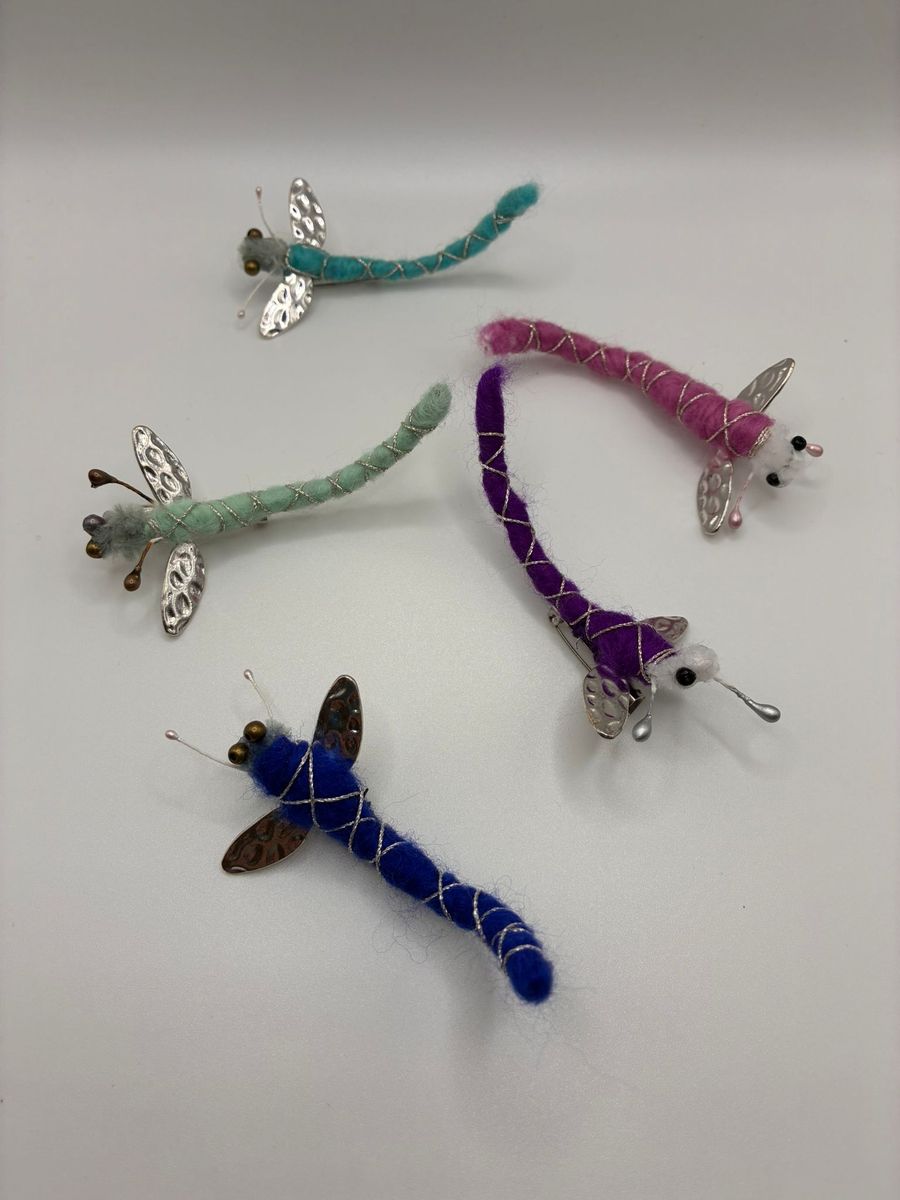Needle felt dragonfly brooches with metal wings