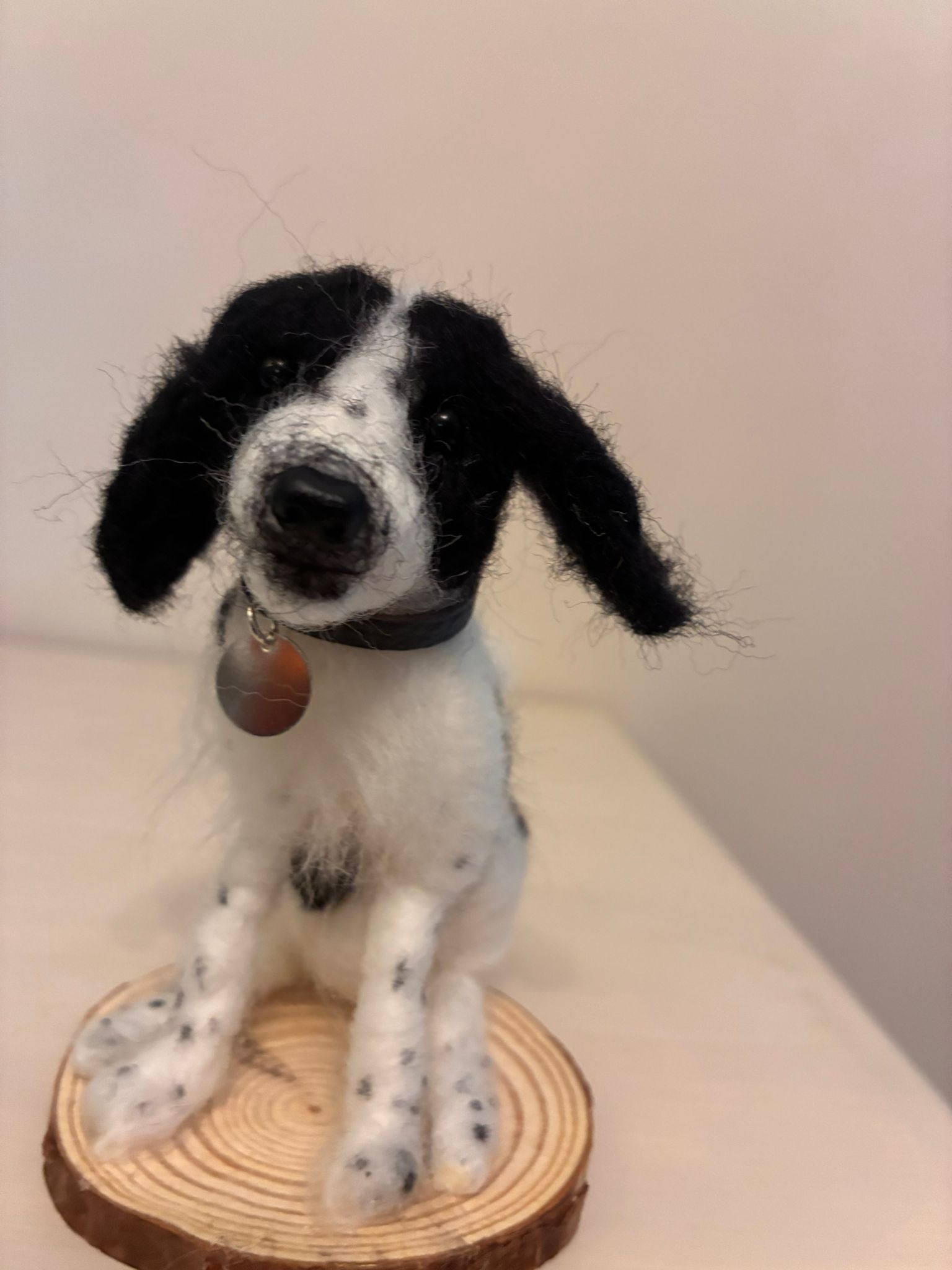 Needle felt black and white dog, front view