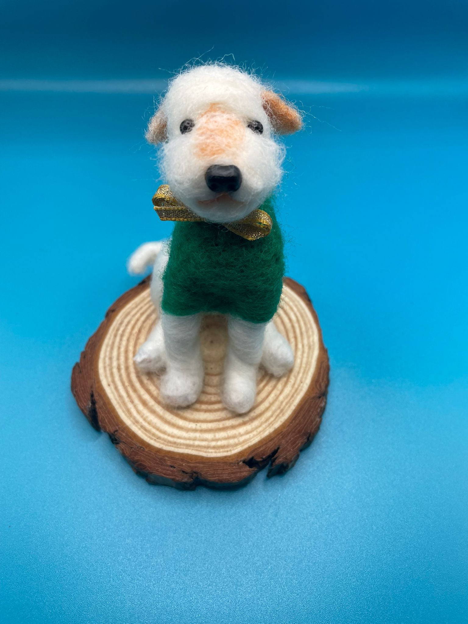 Needle felt white dog in green coat