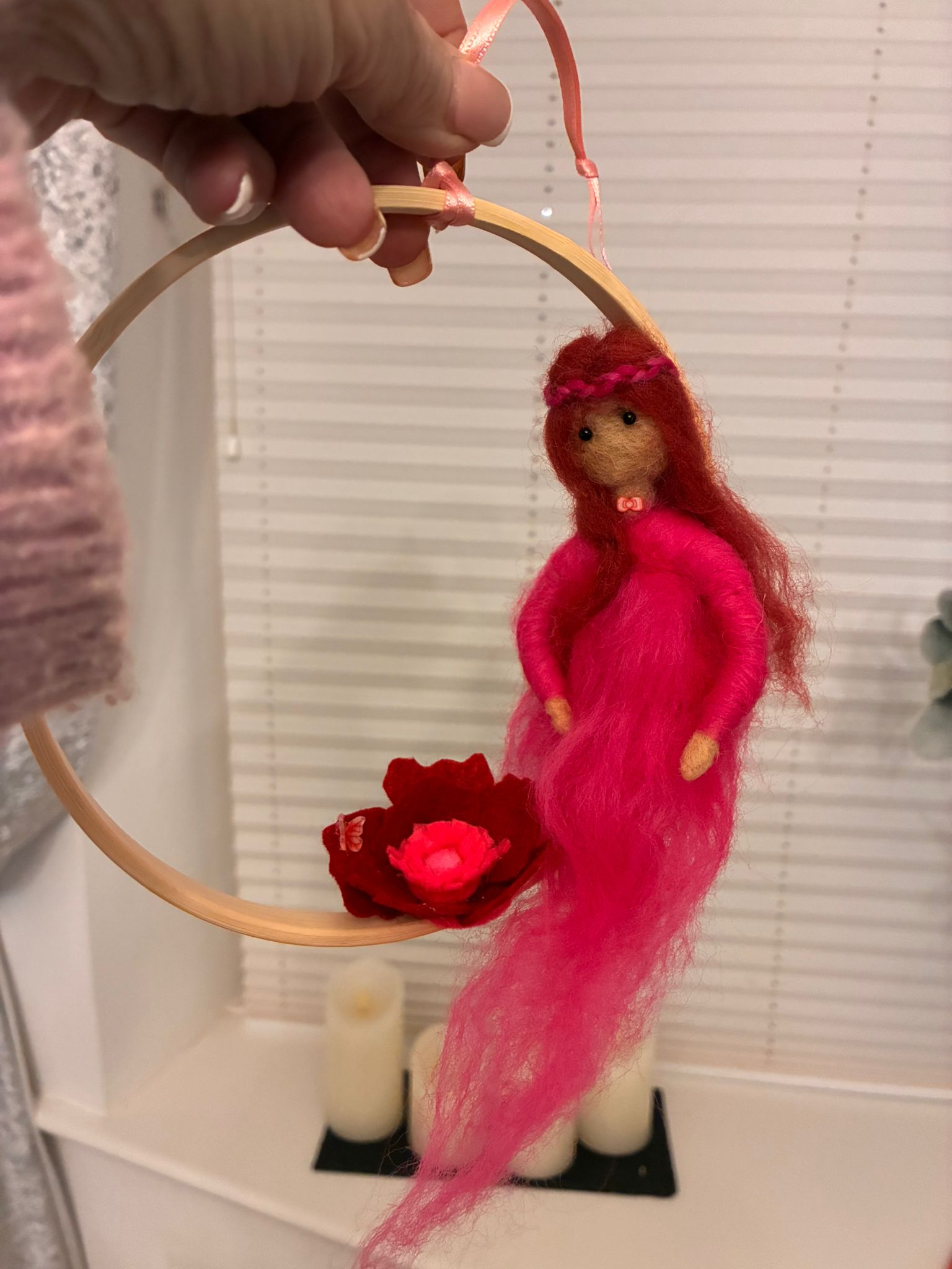Needle felt pink fairy on embroidery hoop