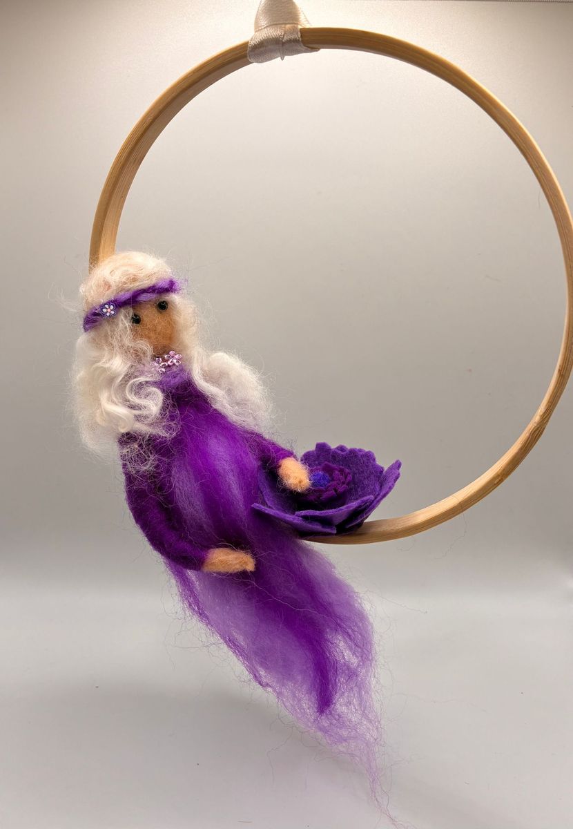 Needle felt purple fairy on embroidery hoop