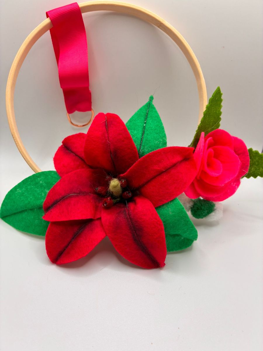 Felt red lily and rose on embroidery hoop
