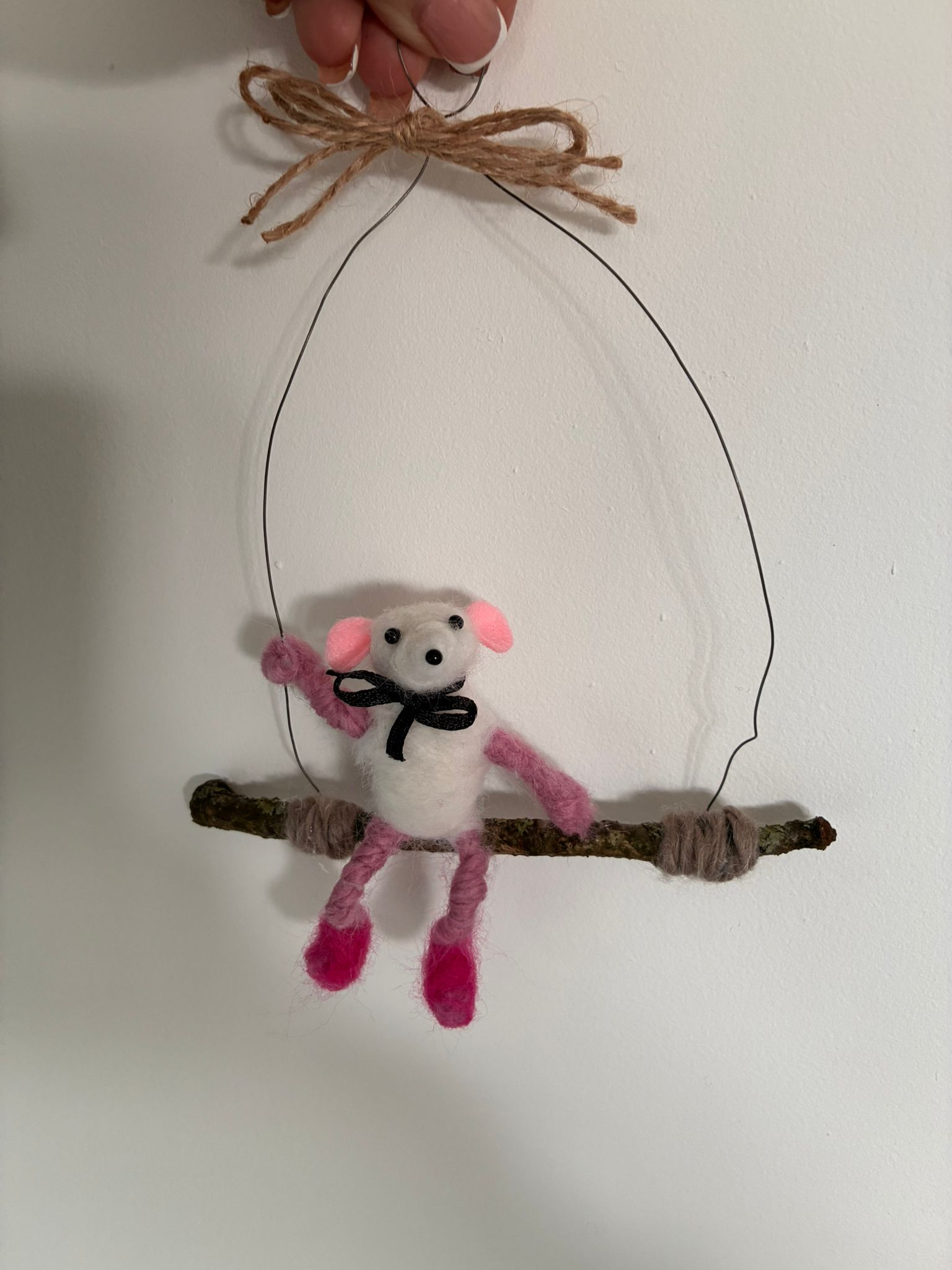 Needle felt mouse on twig swing