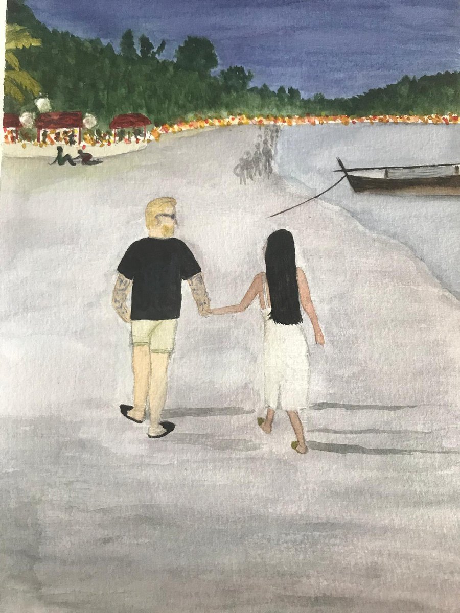Watercolour couple walking hand in hand on a beach at dusk