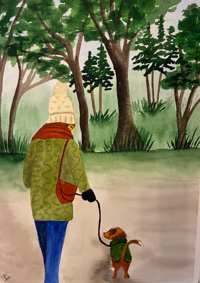 Watercolour woman walking a small dog through green woodland