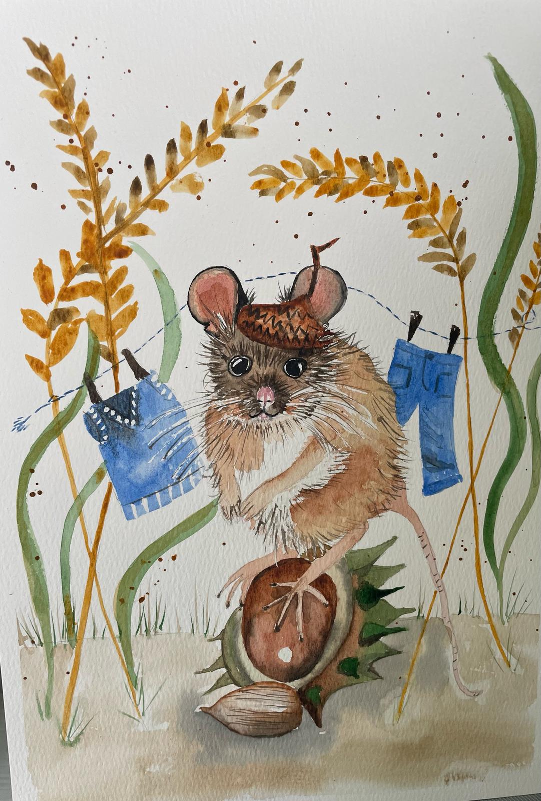 Watercolour field mouse with acorn hat