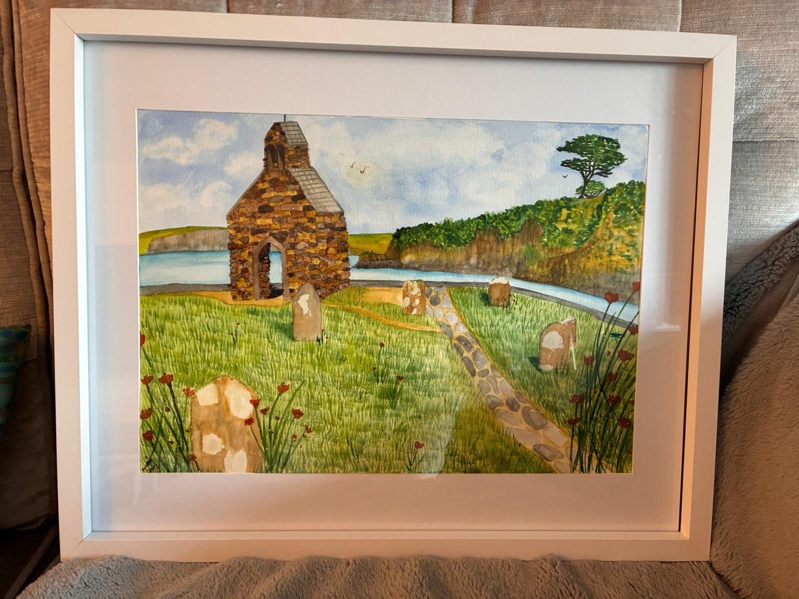 Watercolour countryside landscape with stone chapel