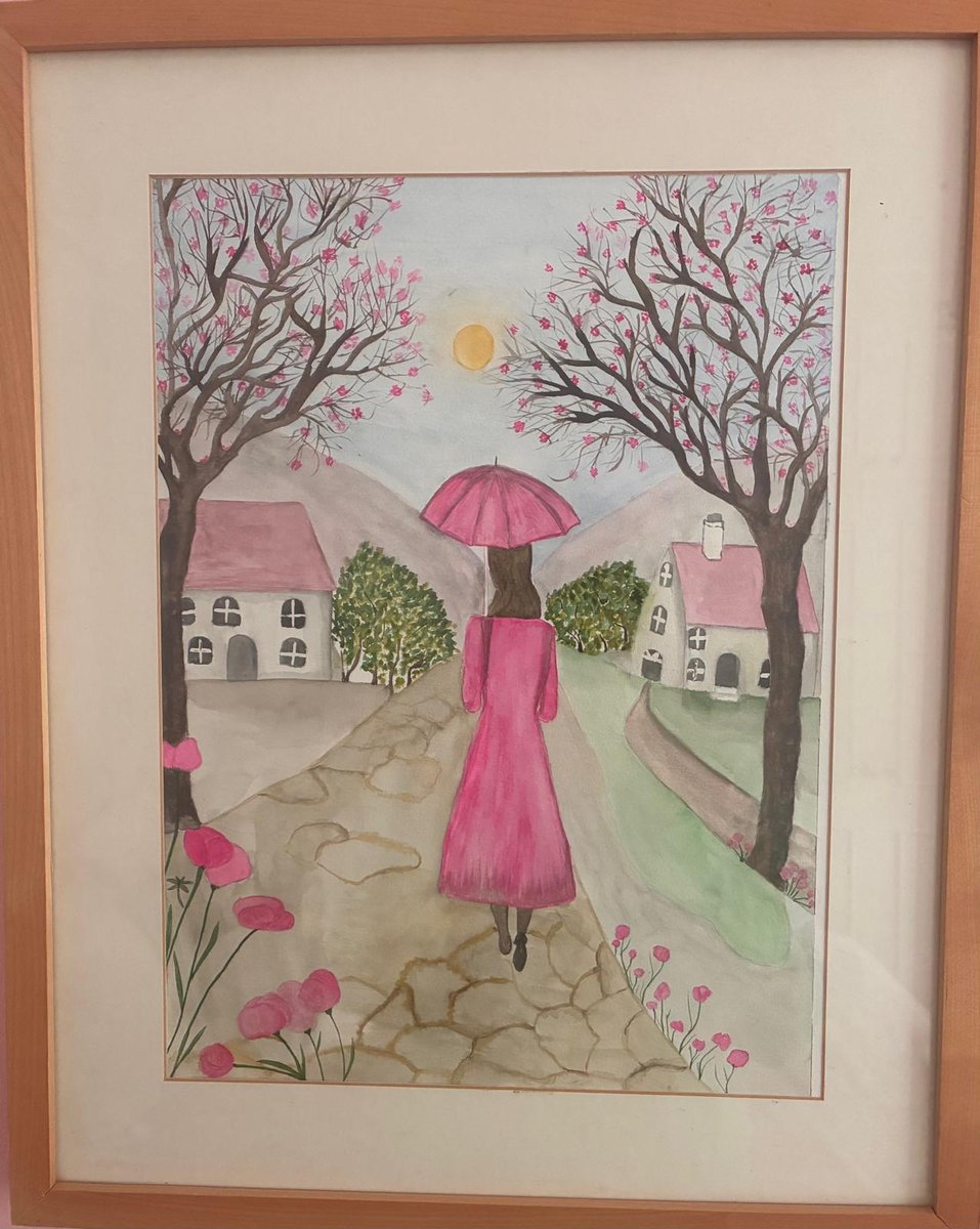 Watercolour woman with pink umbrella walking through a village with blossom trees