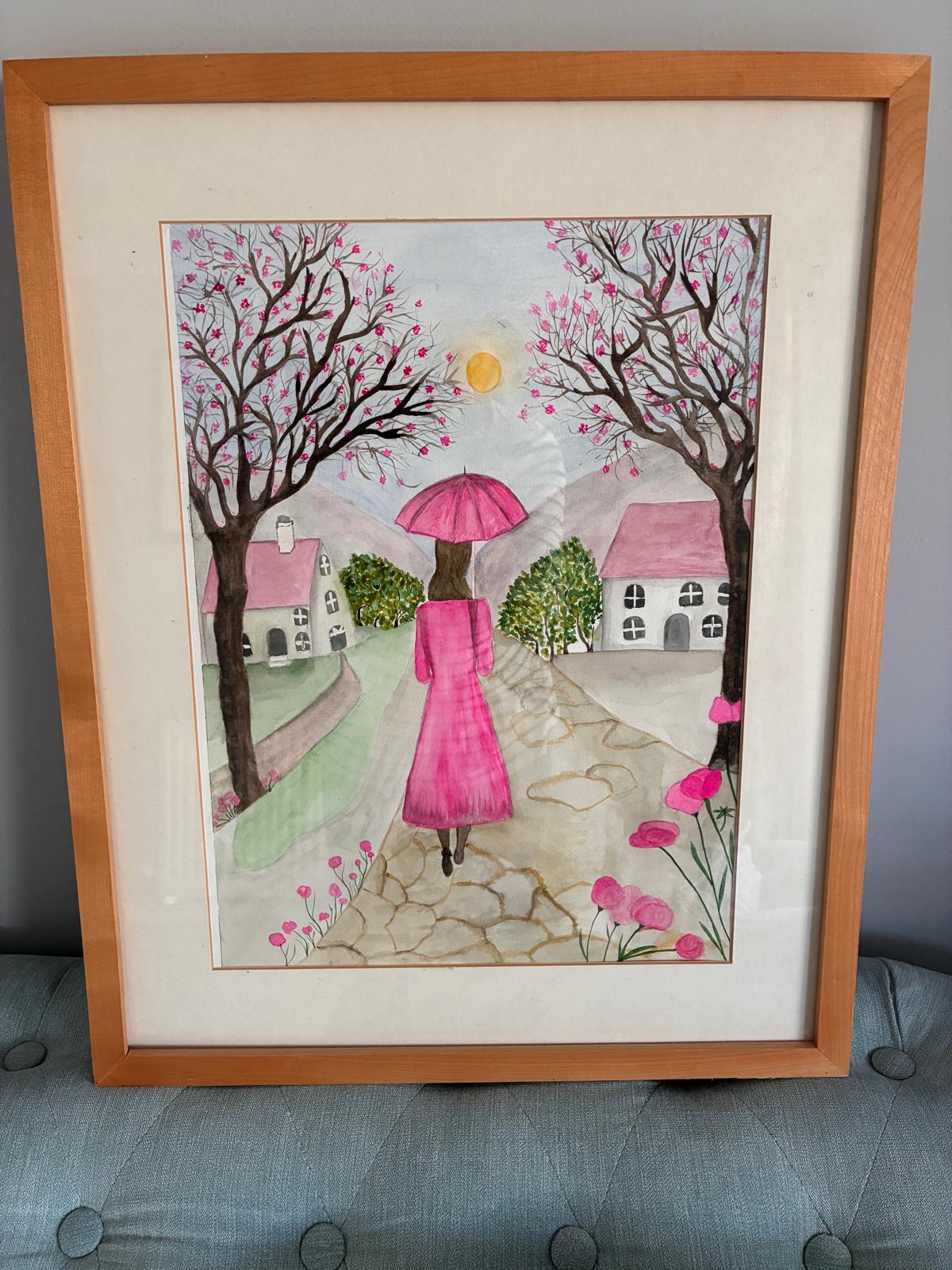 Watercolour woman with pink umbrella in village