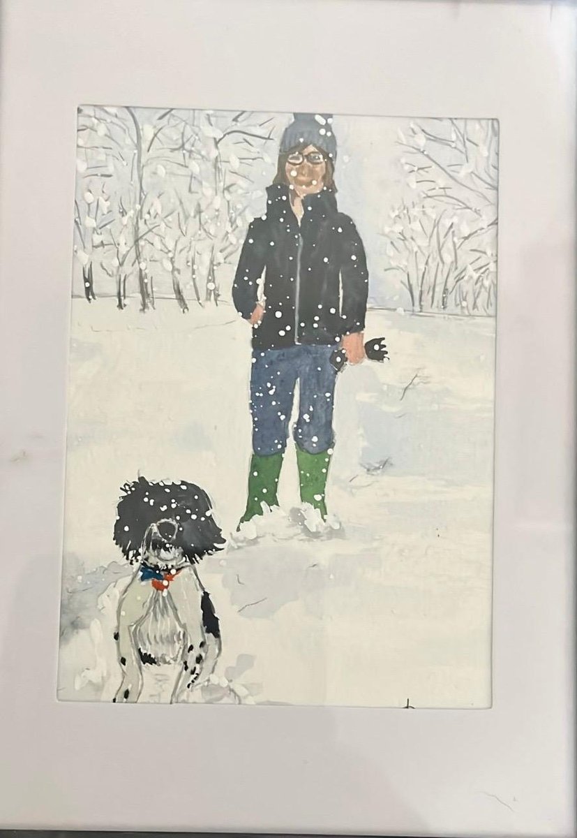 Watercolour person and dog walking in falling snow