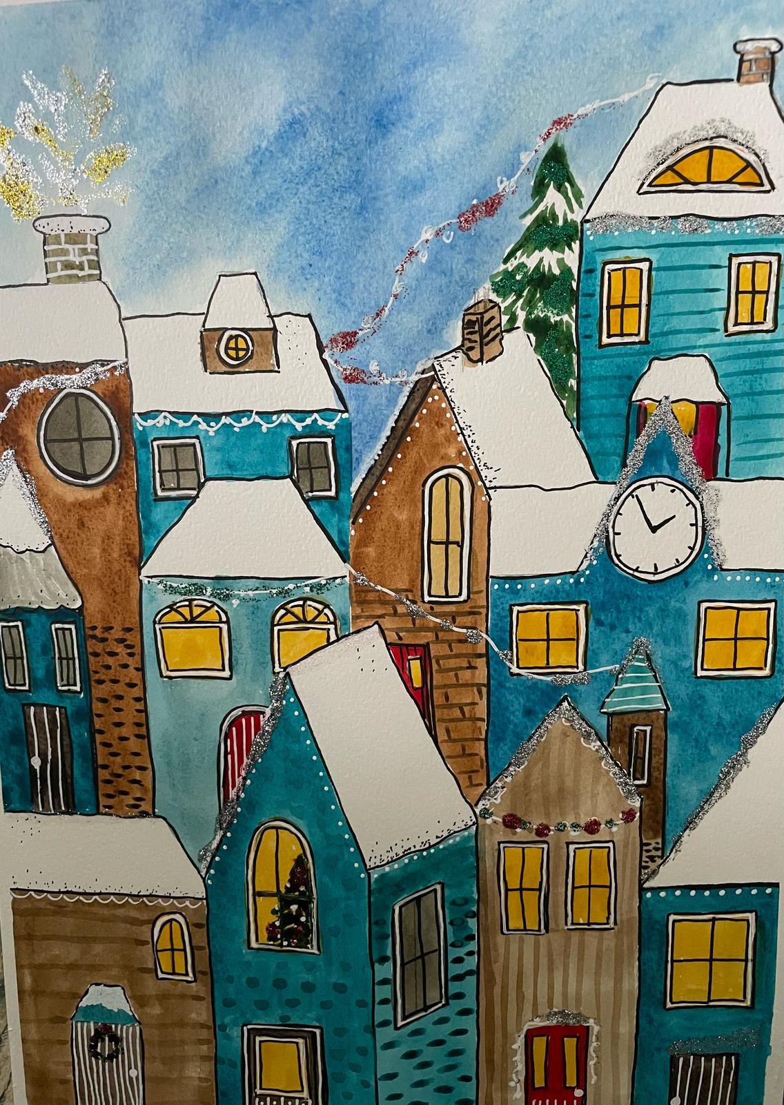 Watercolour snowy village rooftops