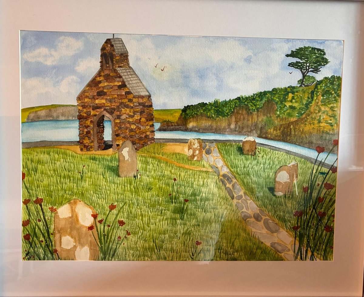 Watercolour stone chapel on a coastal headland with wildflowers