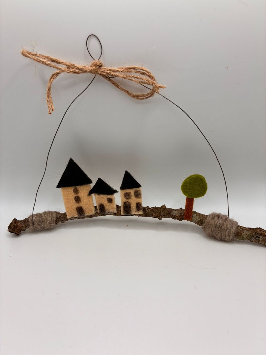 Felt houses and tree on arched hanging twig