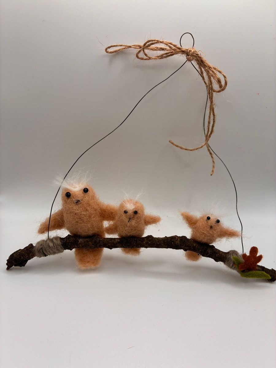 Needle felt owl family on hanging twig