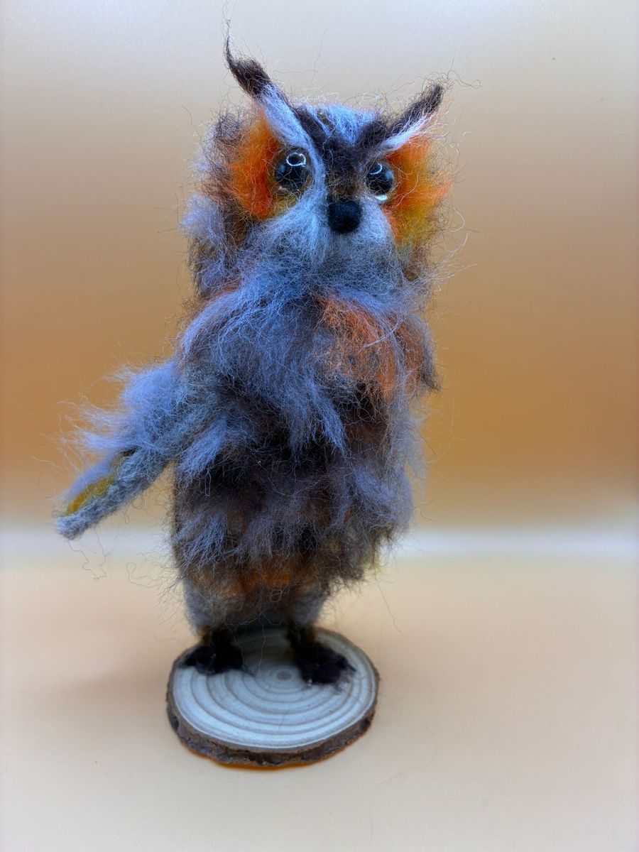 Needle felt baby owl on wood slice