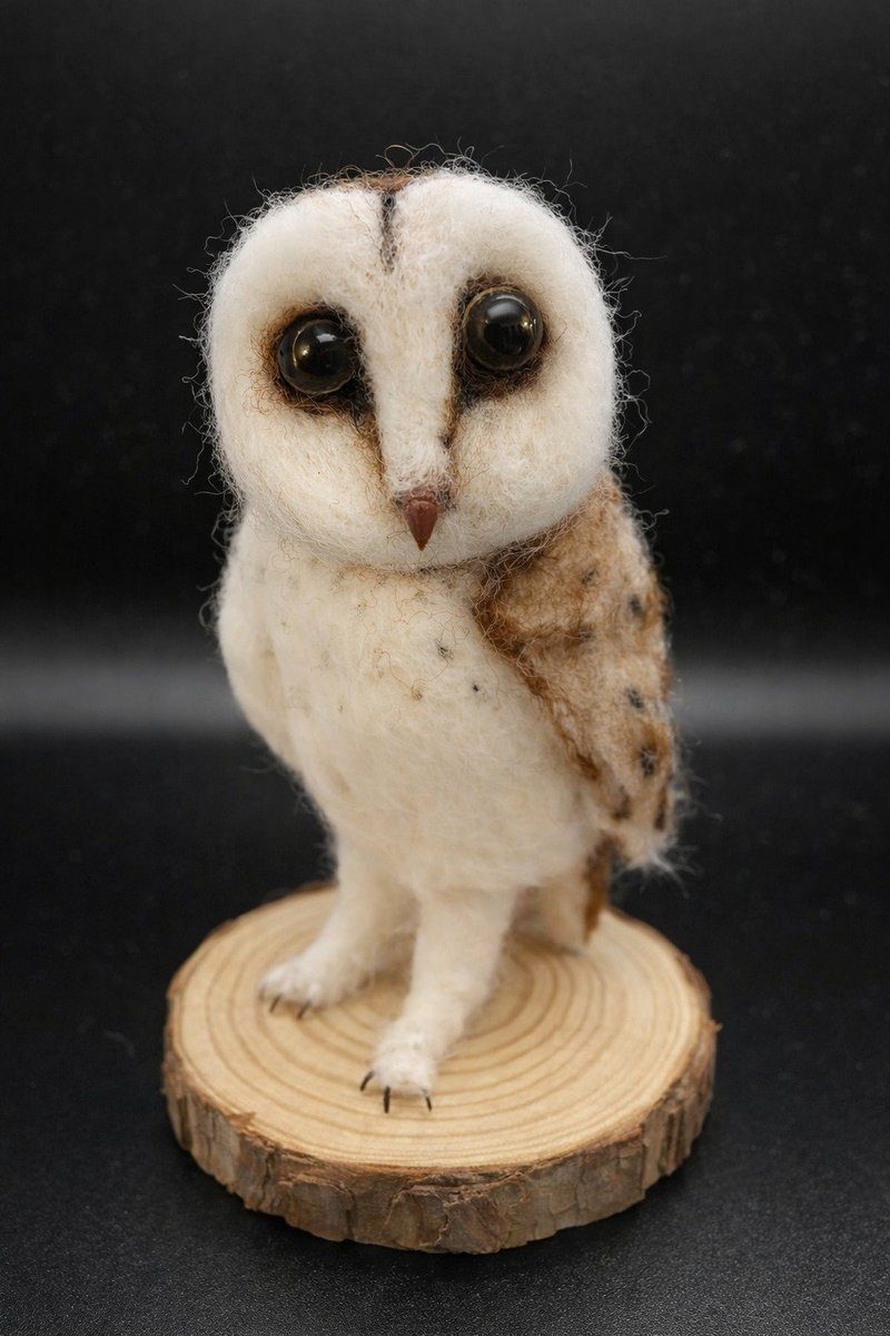 Needle felt barn owl on wood slice