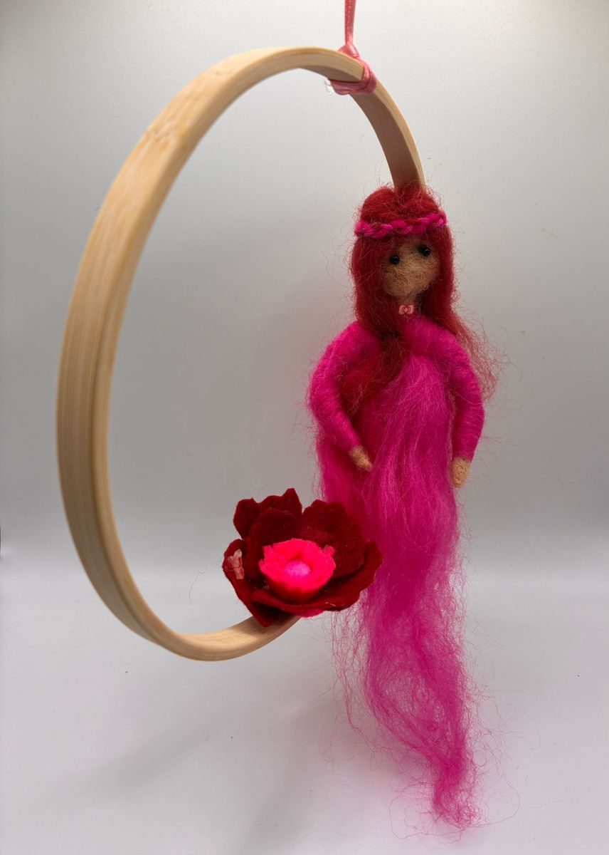 Needle felt pink fairy on embroidery hoop