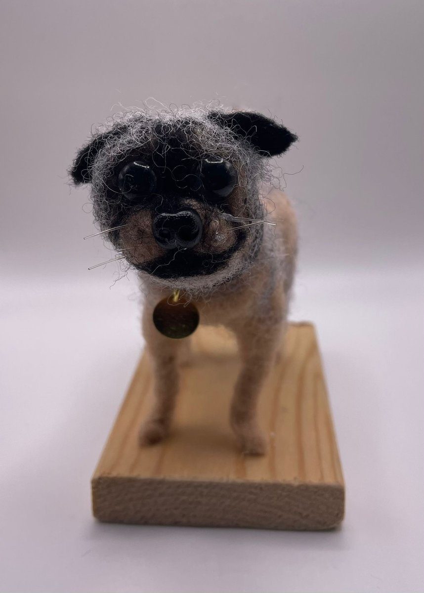 Needle felt small dog on wooden base