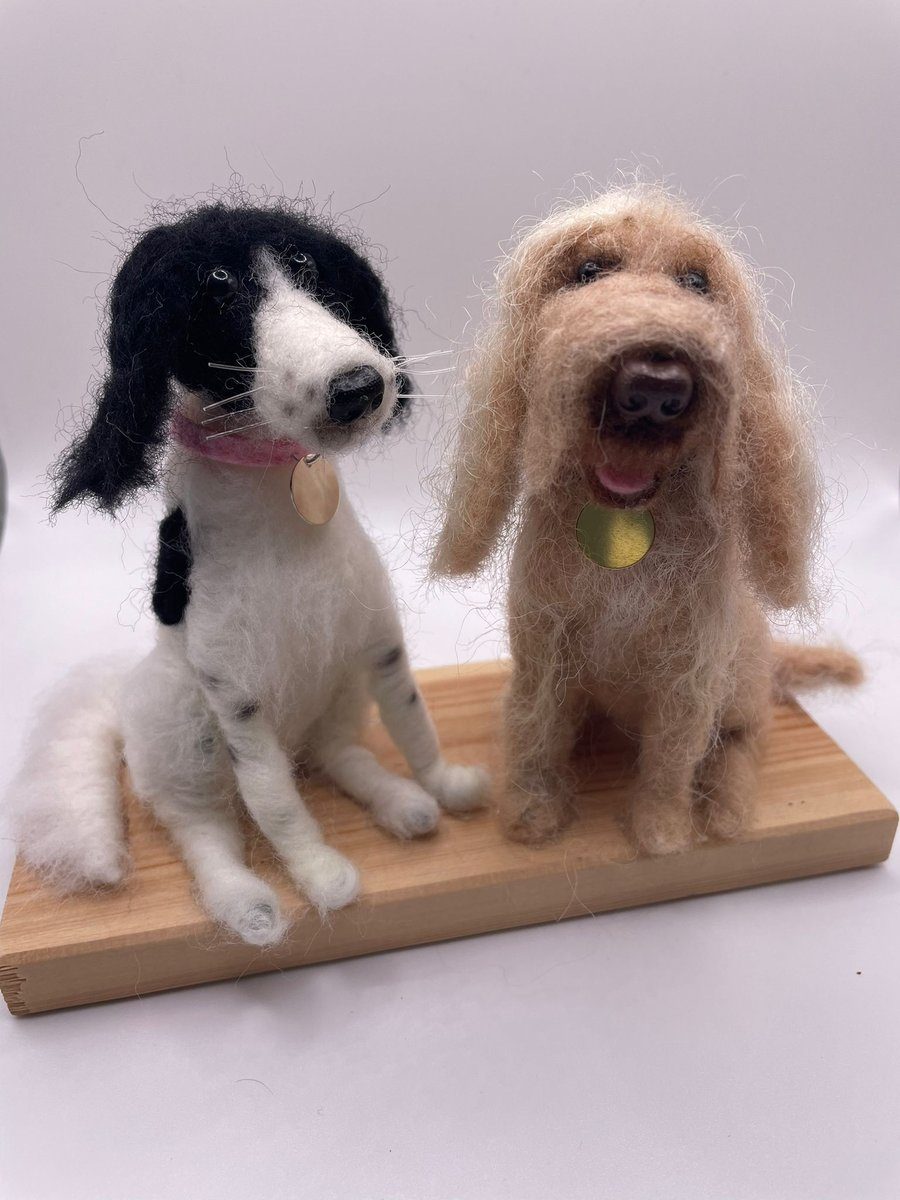 Needle felt dog pair on wooden board